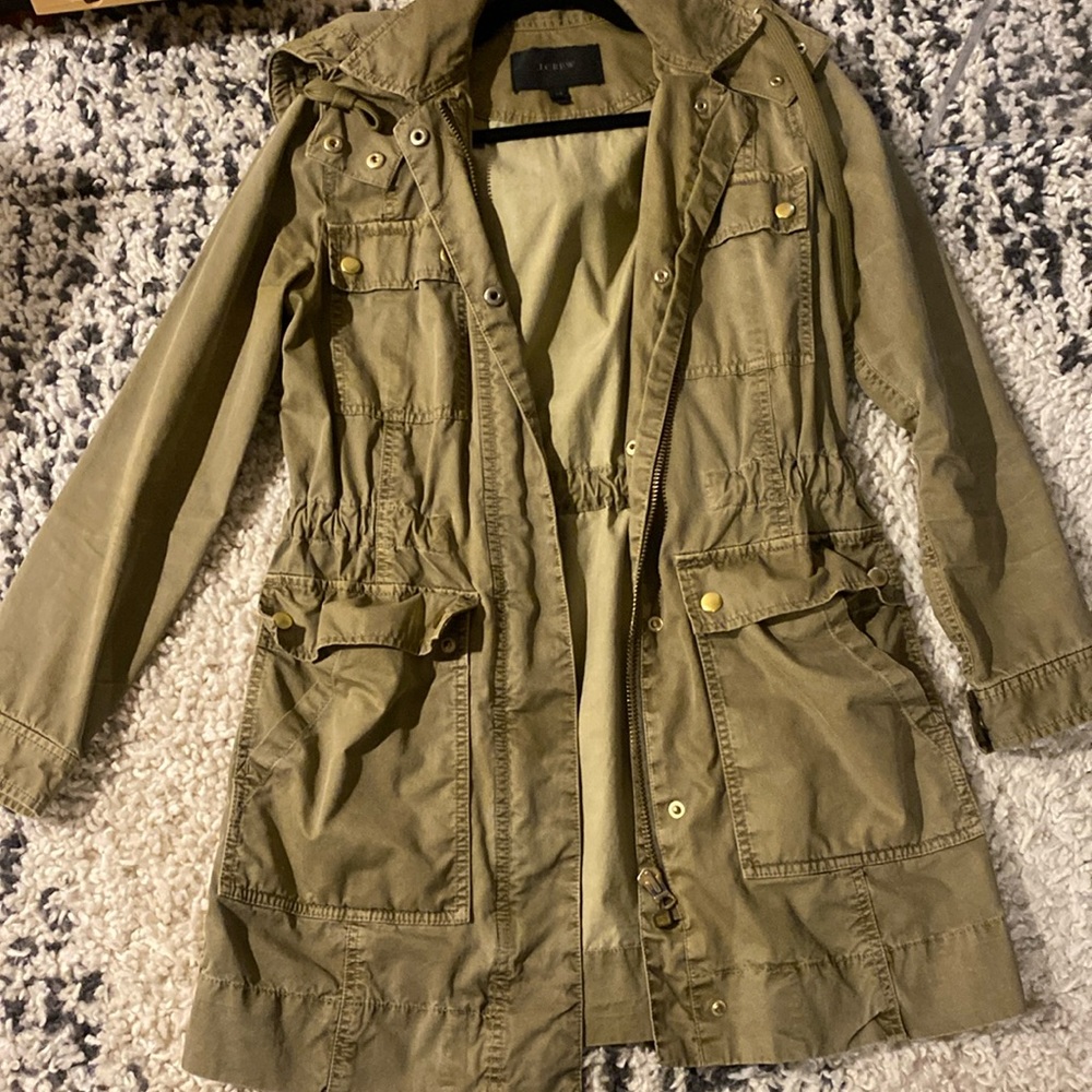 J.Crew long field jacket. Olive Green. Hood detaches by buttons.